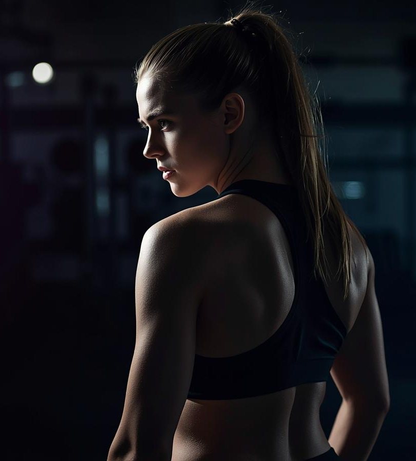 Athlete lit from one side in a dark gym
